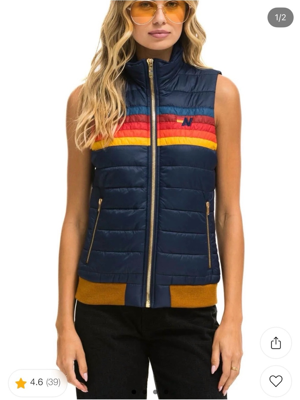 Aviator Nation Navy Quilted Vest with Red-Orange-Yellow Chest Stripes